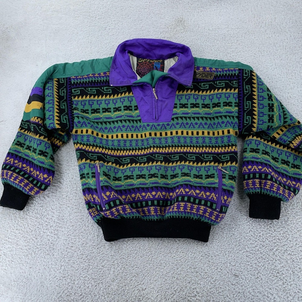 Vtg Spyder Sweater Mens CROP FIT Medium Green Quarter Zip Ski GORE Tex XCR 00s
